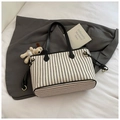 Black and white striped tote bag with leather handles and cute dog plush pendant - Black With Pendant