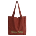 Retro rotbraune Canvas-Tragetasche mit grüner Young Girls Stickerei Schriftzug - Ziegelrot