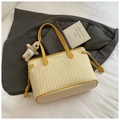 Striped canvas tote bag in bright yellow with leather handles and plush charm - Yellow with Pendant