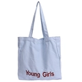 Light blue canvas tote bag with red Young Girls letter print and long shoulder straps - Blue