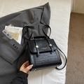 Compact black crocodile texture backpack with gold hardware and top handle for women - Black without Pendant