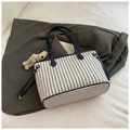 Blue and white striped canvas tote bag with dark blue handles and a cute puppy plush charm - Blue with Pendant