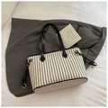 Minimalist striped canvas tote bag in off-white and black with leather handle and trim - Black without Pendant
