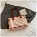 Chic red and white striped canvas tote bag with contrast leather handles and drawstring - Red (No Pendant)