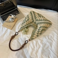 Chic granny square crochet tote bag in beige and green with vintage wooden ring straps - Creamy White & Green