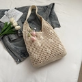 Beige hollow knit tote bag with floral accents and a pink tulip pearl pendant charm - Beige With Charm