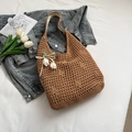 Brown crochet woven tote bag with tulip pendant and pearl chain in summer style - Khaki with Pendant