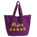 Lila Canvas-Tragetasche mit gelbem Aloha-Aufdruck und verstärkten Griffen für die Freizeit - Lila