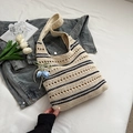 Beige hollow knit tote bag with black stripes and blue flower charm accessory - White/Black Stripes with Pendant