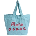 Light blue canvas tote bag with red Aloha print for summer vacation and daily commuting - Blue