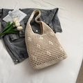 Chic beige hand-knitted crochet tote bag with hollow grid pattern and floral details - Rice White (No Pendant)