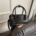 Glossy black PU leather bowling bag with twin handles and adjustable strap in minimalist style - Black without Pendant
