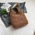 Brown hand-woven hollow knit tote bag with mesh structure and hobo shoulder strap - Khaki (No Pendant)
