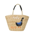 Stroh-Stofftasche mit Hola-Enten-Stickerei und schwarz-weißem Kontrastgriff - Groß