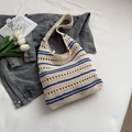 Chic cream woven tote bag with dark blue stripes and hollow knit summer design - White/Blue Stripes without Pendant