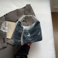 Denim blauwe hobo tas met zilveren vlinders en metallic spiegelende lederen handvatten - Koningsblauw