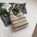 Woven tote bag with navy stripes and hollow knit pattern for summer commute - White/Black Stripes without Pendant