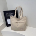 Bolso tote minimalista de lona beige con borla de cordón y bordado de suerte - Blanco Roto