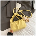 Light yellow pleated cloud handbag for women with cute teddy bear charm and strap - Yellow with Pendant