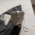 Silberne gewebte Beuteltasche mit Kettenriemen und goldenem Verschluss auf Grau - Silber