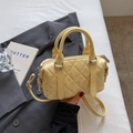 Pale yellow quilted boston handbag with sparkling rhinestones and silver hardware - Yellow