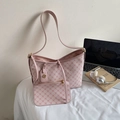 Pink monogram tote bag set with matching small pouch and gold clover charm details - Tote Bag (Set) / Pink