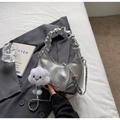 Silver metallic pleated handbag with chain strap and cute cloud plush charm - Silver With Pendant