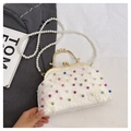 Dettaglio della borsa da sera con perle, chiusura floreale in metallo e ricamo colorato - Bianco