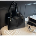 Large black crocodile pattern tote bag with gold rivets on white bedding surface - Black (No Pendant)