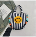 Μπλε και άσπρη ριγέ τσάντα καμβά με κίτρινο smiley patch και πολύχρωμο πλεχτό λουράκι - Μπλε