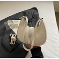 Minimalist creamy white crescent bag with wrinkled texture and silver metal buckle - No Pendant / Off White