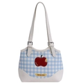 Blue and white plaid apple shoulder bag with adjustable strap and Not anxious embroidery - White