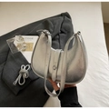 Metallic silver crescent shoulder bag with pleated texture and stylish metal clasp - No Pendant / Silver