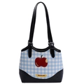 Blue plaid and black leather shoulder bag with apple patch and Not Anxious label - Black