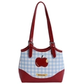 Sweet red apple patch shoulder bag with blue plaid canvas and red faux leather straps - Red