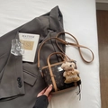 Retro brown leather handbag with cartoon bear patterns and a plush teddy bear pendant - With Bear Pendant / Coffee