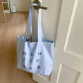 Light blue canvas tote bag with fashion letter print for women shoulder carry - Blue