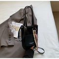 Chic black rectangular leather tote bag with white text print and colorful braided lanyard - Black with Pendant