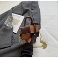 Brown and khaki color-block handbag with smooth leather, suede texture, and gold chain strap - Coffee And Brown Small