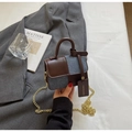 Retro contrast stitching handbag with brown leather and grey wool fabric texture - Coffee And Blue Small