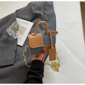 Brown leather and blue denim contrast mini square bag with gold chain strap - Brown And Blue Small