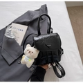 Vintage black mini backpack with pleated texture and cute white bear charm accessory - Black with Pendant