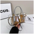 Detail of silver trimmed transparent PVC tote bag with brown woven inner pouch and gold hardware - Silver
