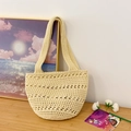 Chic cream white crochet knit tote bag with hollow woven mesh and wooden button detail - Beige