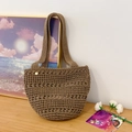 Brown handmade crochet tote bag with hollow geometric knit pattern and wide strap - Brown