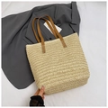 Detailaufnahme der gewebten Stroh-Tragetasche mit braunen Ledergriffen auf Textil - Beige