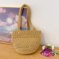 Handcrafted khaki crochet tote bag with geometric hollow patterns for beach vacations - Brown