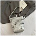 Metallic silver hollowed-out PU leather bucket bag with geometric design for women - No Pendant / Silver