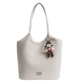 Cream white woven tote bag in soft PU leather with a cute cartoon doll pendant charm - White with Pendant