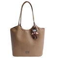 Brown woven tote bag in PU leather featuring a doll charm and silver logo - Khaki With Pendant